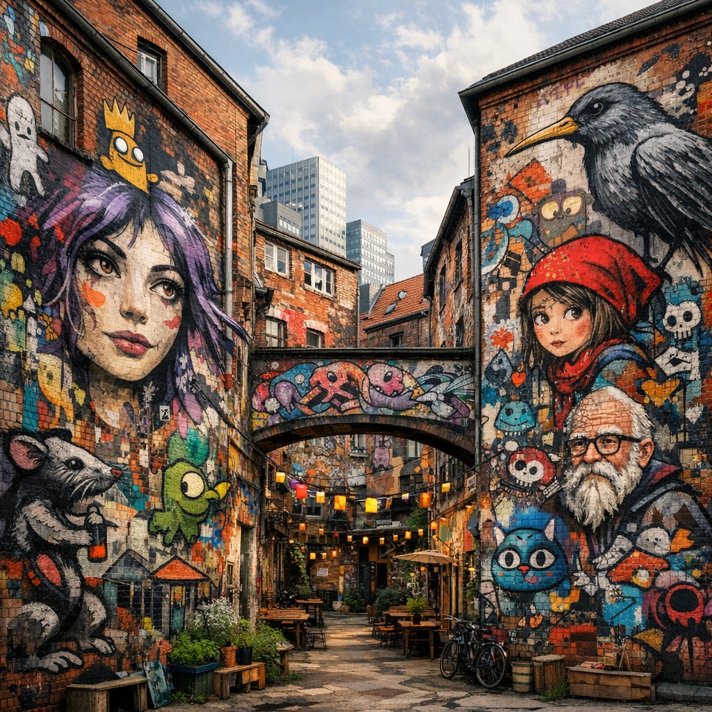 Fassade des Gängeviertels mit Street Art
