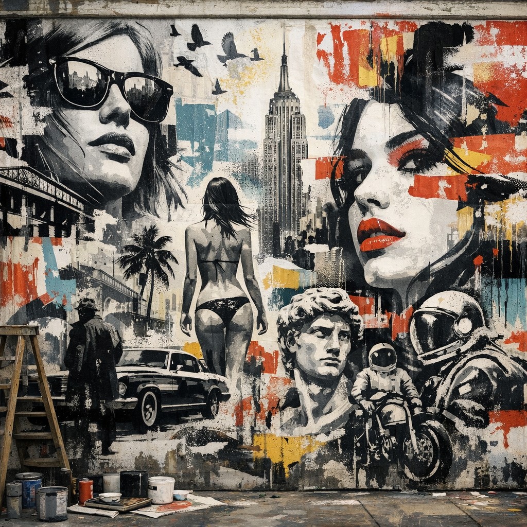 Großformatige Wandarbeit aus überlagerten Drucken