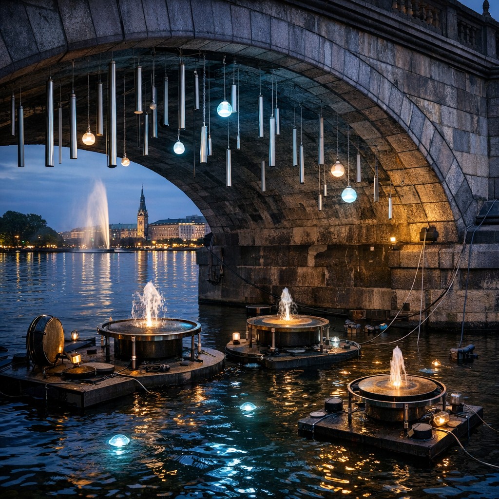 Klanginstallation mit Wassertropfen unter einer Alsterbrücke