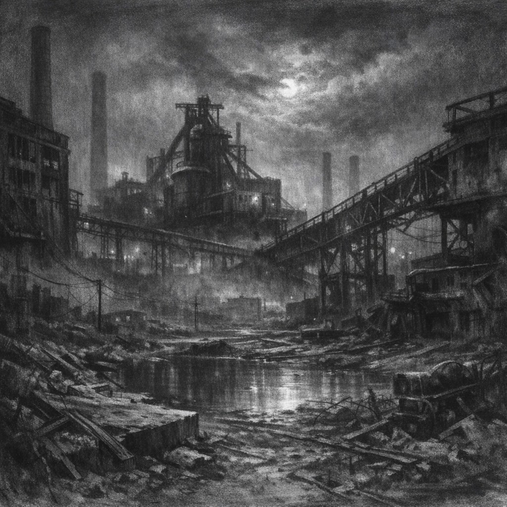 Großformatige Kohlezeichnung einer Industriebrache