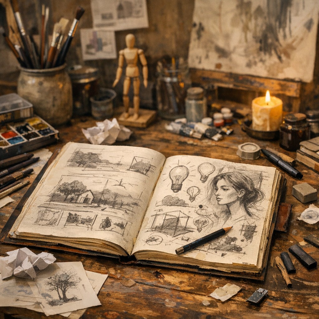 Künstler mit Skizzenbuch bei ersten Entwürfen