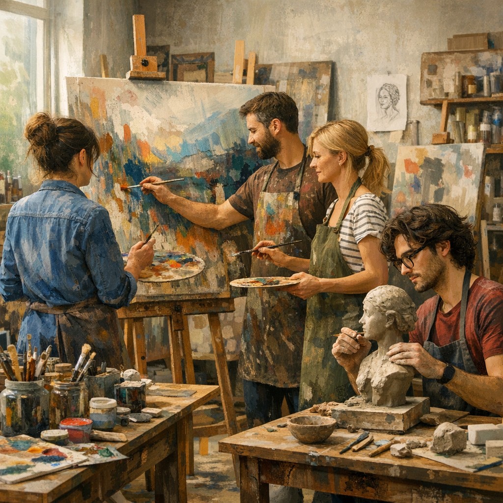 Kunstkollektiv bei gemeinsamer Arbeit im Atelier