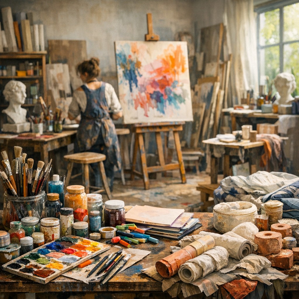 Künstlerin arbeitet mit gefördertem Material im Atelier