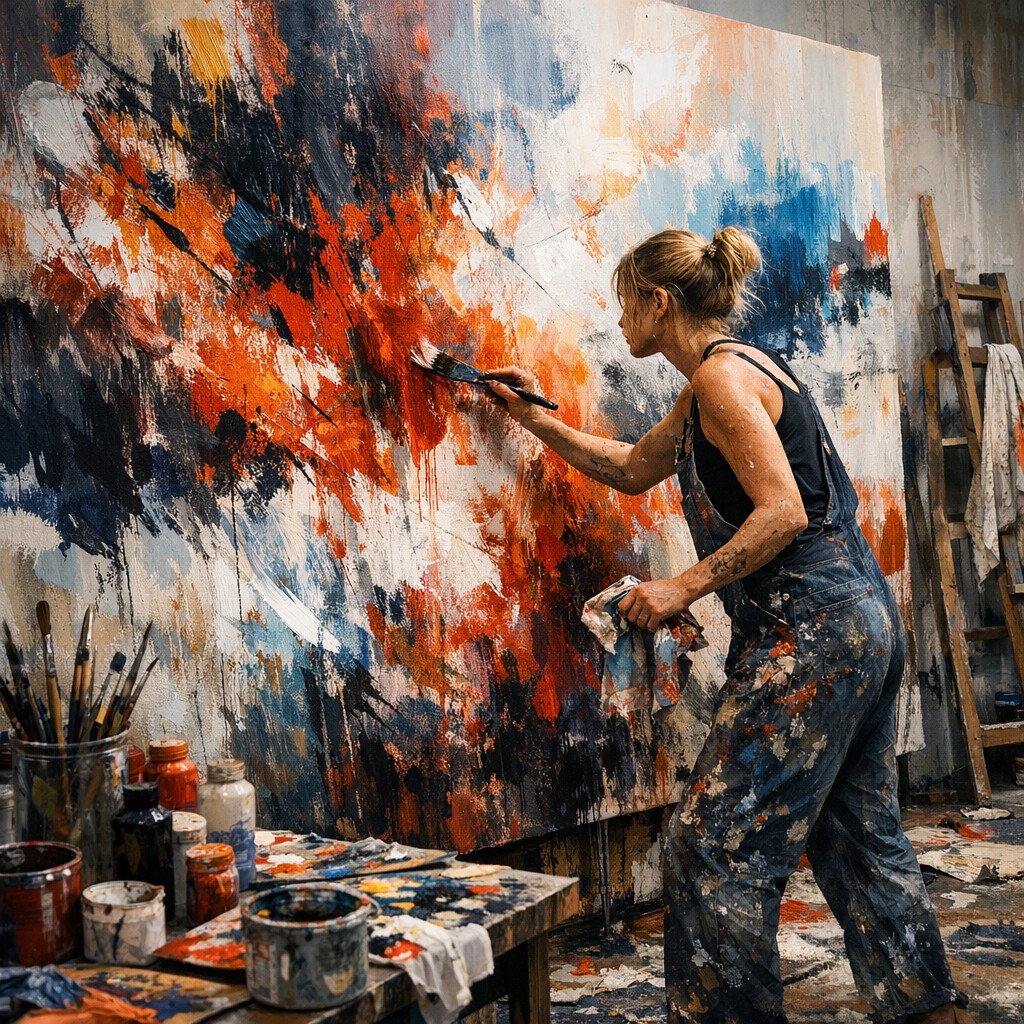 Künstlerin bei intensiver Arbeit an großformatiger Leinwand