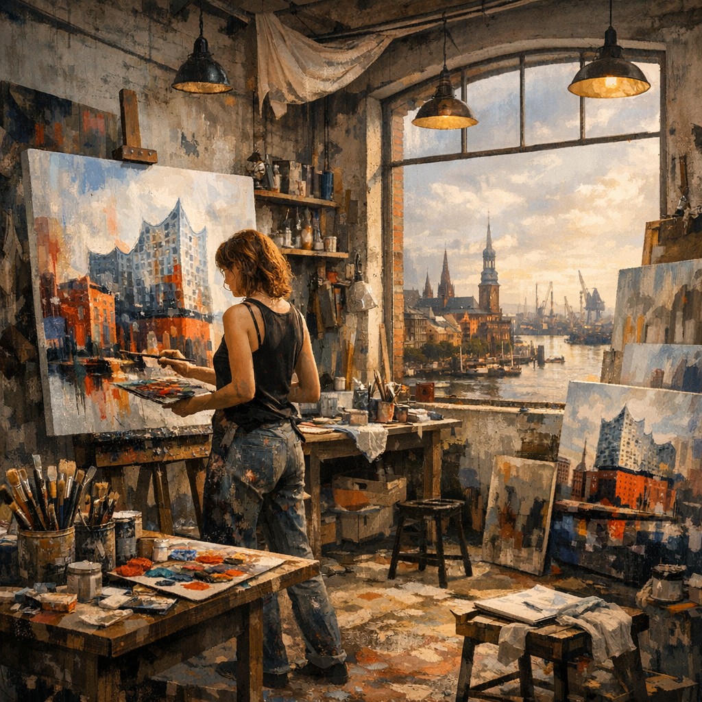 Künstlerin arbeitet an einem großformatigen Werk