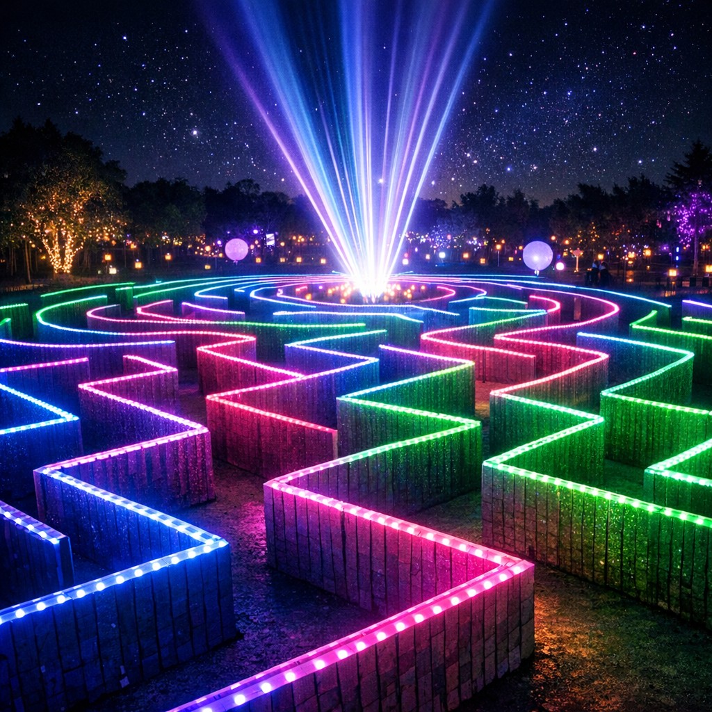 Begehbares Lichtlabyrinth aus LED-Strängen bei Nacht