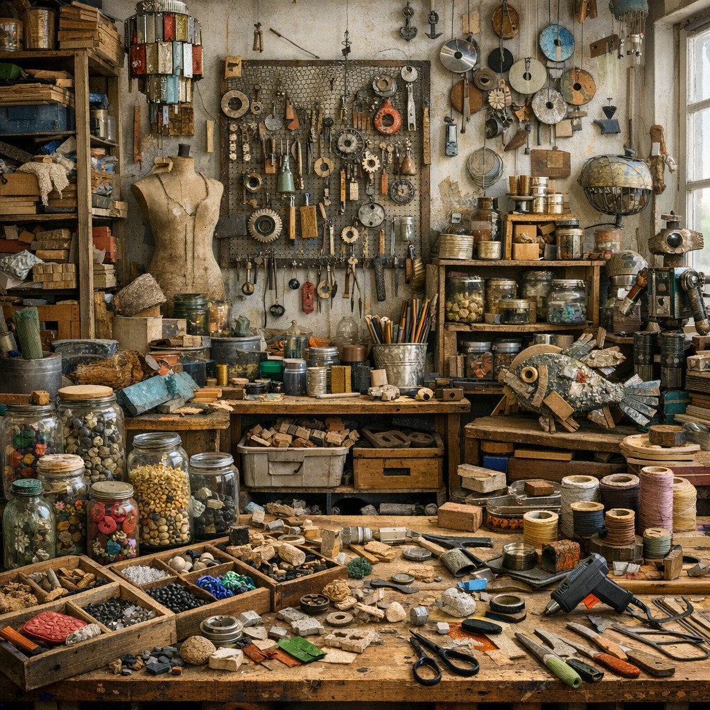 Gesammelte Materialien und Fundstücke im Atelier