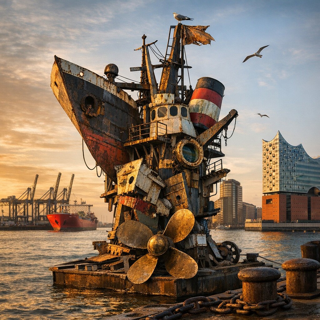 Skulptur aus Schiffsteilen am Hamburger Hafen