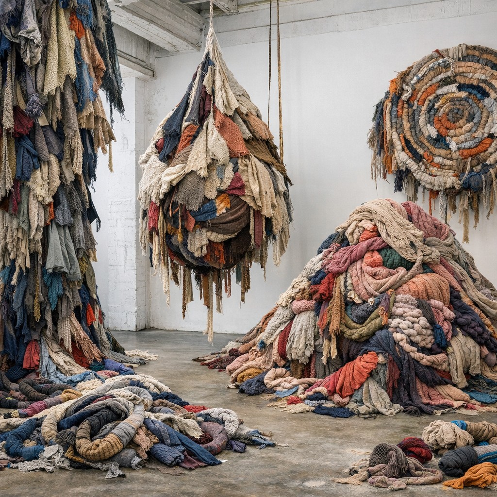 Begehbare Textilskulptur aus recycelten Stoffen