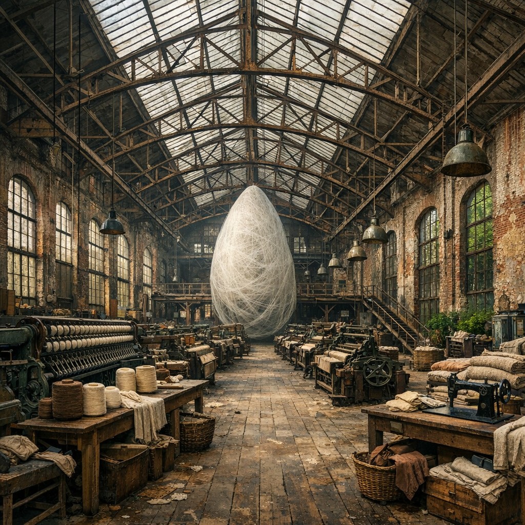 Textiler Kokon aus Baumwollbändern in einer Fabrikhalle