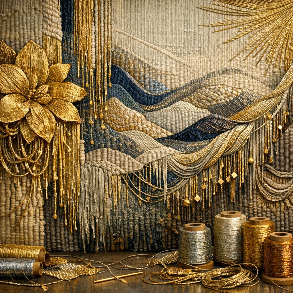 Großflächige Tapisserie aus Metallfäden und Baumwolle