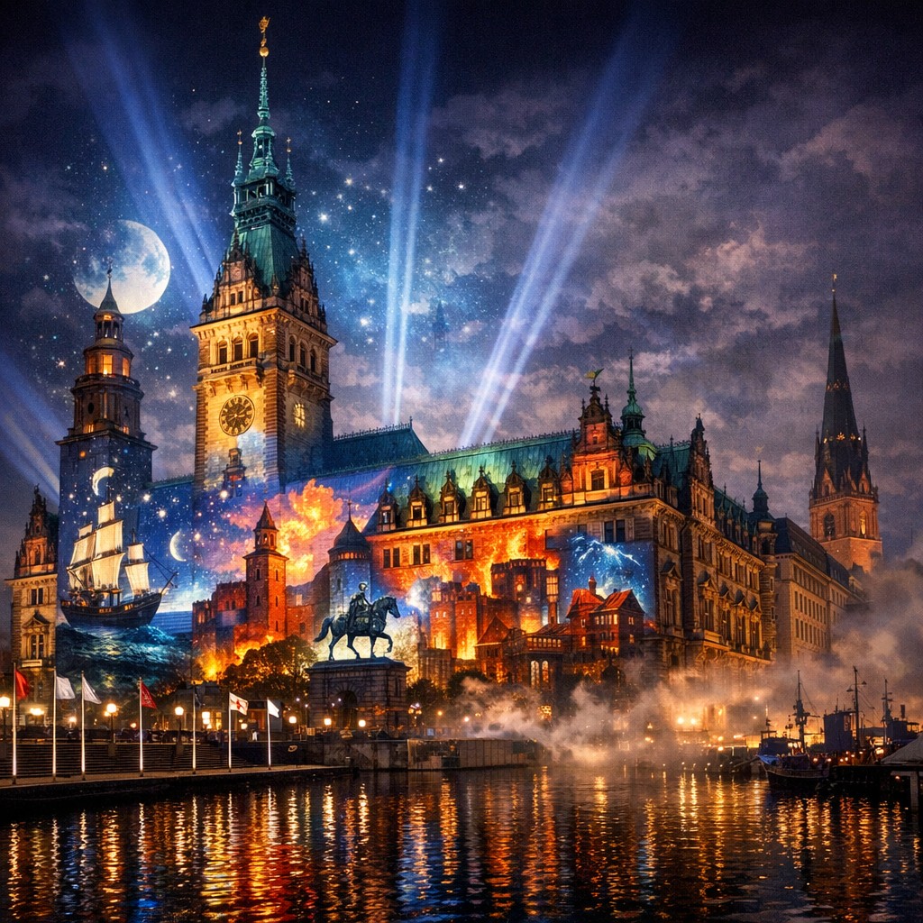 Videoprojektion mit überlagerten historischen Aufnahmen